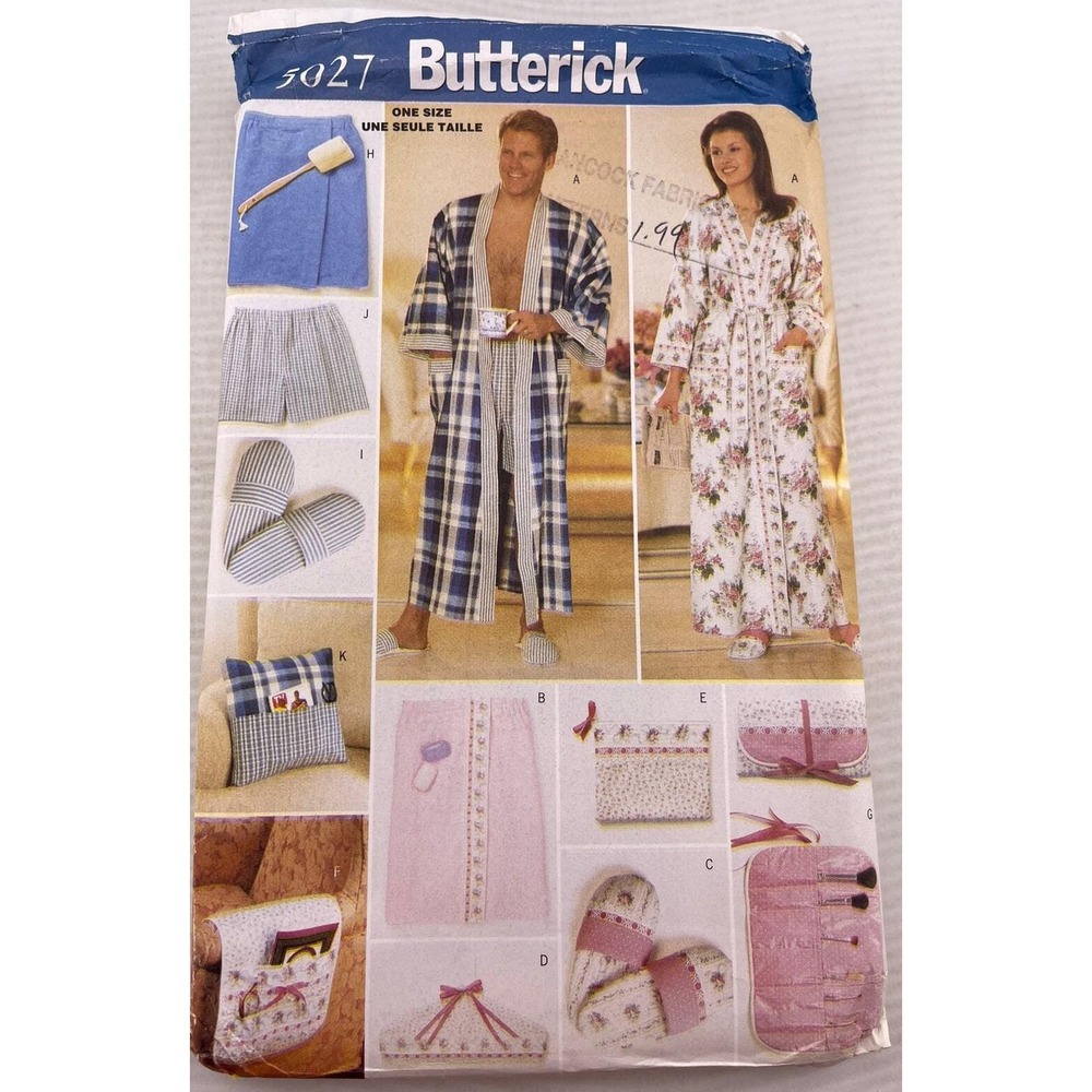 Butterick 5027 Sewing Pattern Robe Slippers His Hers Gifts Unisex Adult One Size